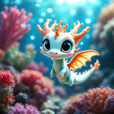 The primary subject of the image is a small, cute, and colorful dragon figurine. It is placed in a vibrant underwater scene, surrounded by a variety of colorful sea creatures. The visual style of the image is a combination of photo and digital art, creating a lively and engaging atmosphere. The dominant colors in the image are shades of blue, pink, and orange, which contribute to the overall cheerful and playful mood.